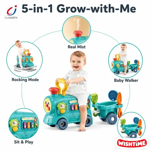Multifunctional Baby Steam Walker Train Toy, 5-in-1 Activity Ride Toy