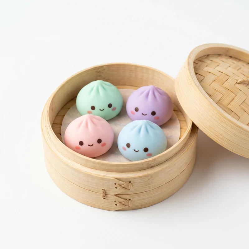 Pastel Macaron Dumpling Squishy 4-Pack in Mini Bamboo Steamer