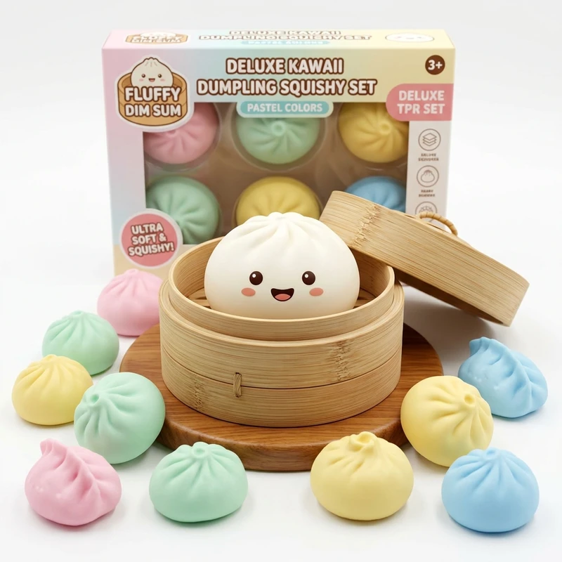 Deluxe Kawaii TPR Dumpling Squishy Set with Bamboo Steamer Box